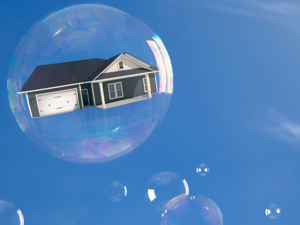 Nice grey house with a front facing garage inside of a bubble floating through the sky